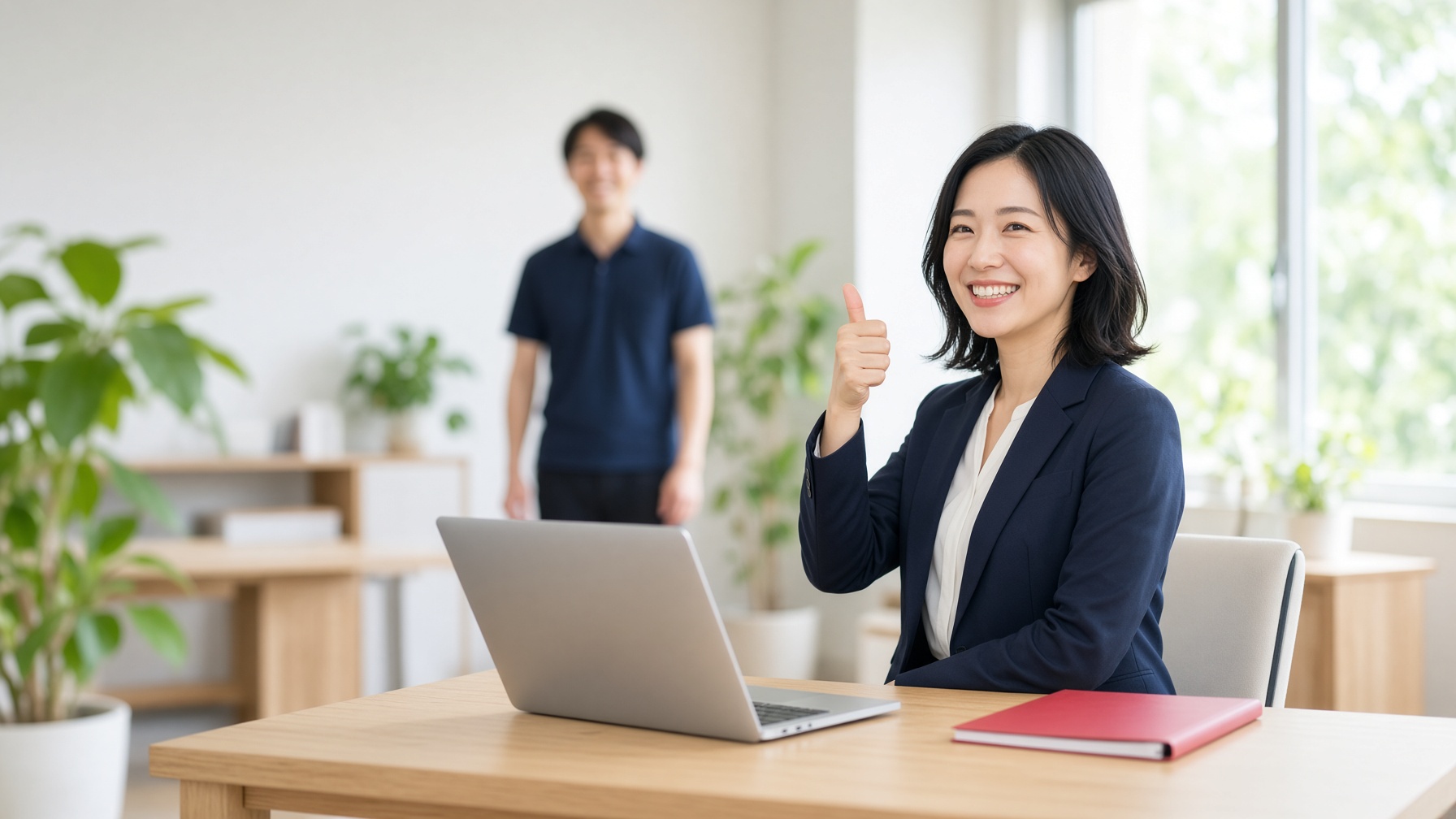 パソコンのトラブルが解決して、笑顔で親指を立てる会社員