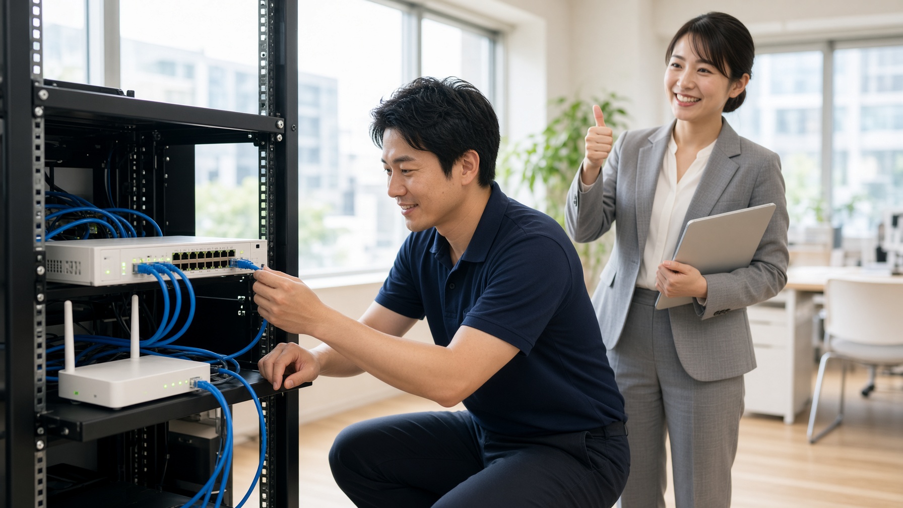 技術者が社内のルーターとLANケーブルをつなぎ直し、ネットがつながって親指を立てる会社員
