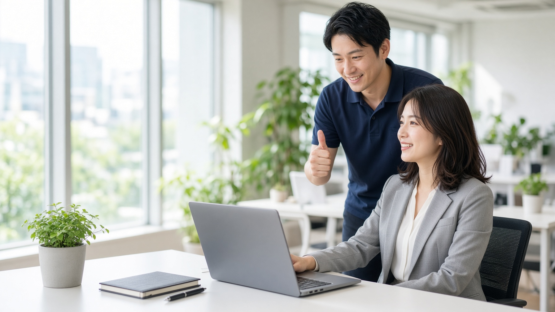 パソコンが無事に起動し、技術者と笑顔を交わす会社員