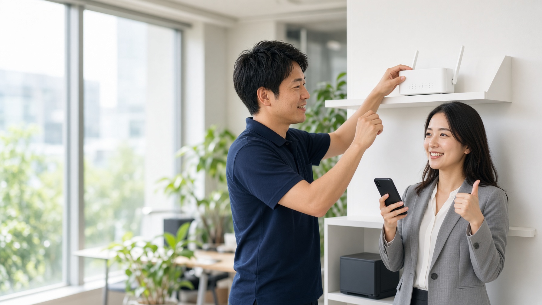 新しいルーターを設置した技術者と、スマホを手に親指を立てる会社員